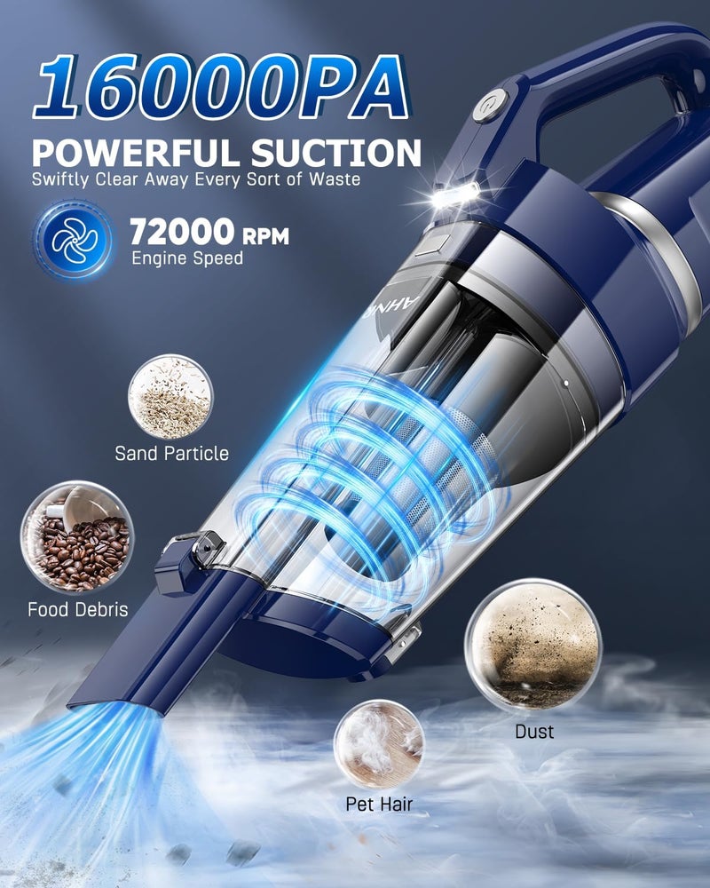 AHNR Handheld Vacuum Cordless, 16000PA Powerful Suction Hand Held Vacuum Dust Busters Cordless Rechargeable with LED Light & 2 HEPA Filters, Portable Car Vacuum Cleaner High Power for Car Home Office - Image 2